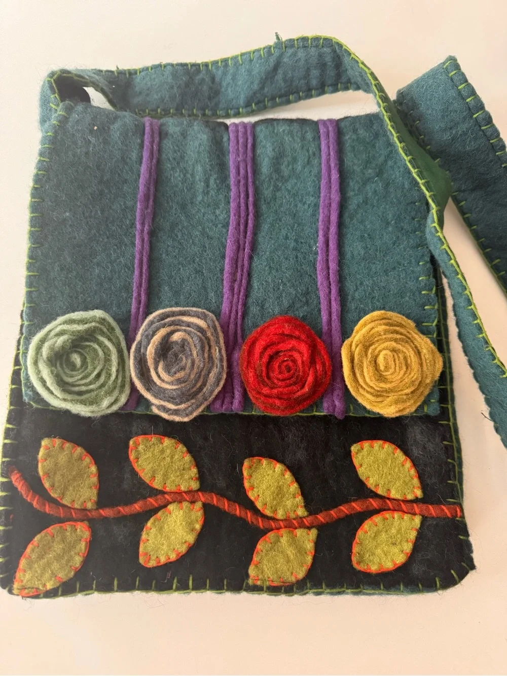 Rising Tide Felt Floral Crossbody Bag in Teal/Black with Multicolor Rosettes